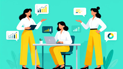 Three women in business meeting with charts