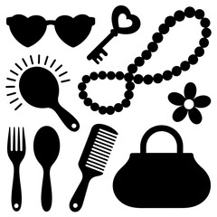 Silhouette of assorted fashion objects set