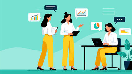 Three women in business meeting with charts