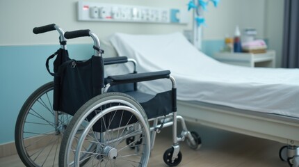 Obraz premium Wheelchair next to hospital bed with bedside table holding gloves, bright clinical room, accessibility and patient care setup, clean lines, organized healthcare environment
