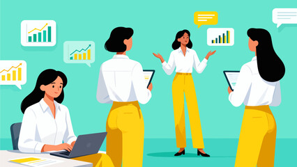 Business team collaborating with data charts