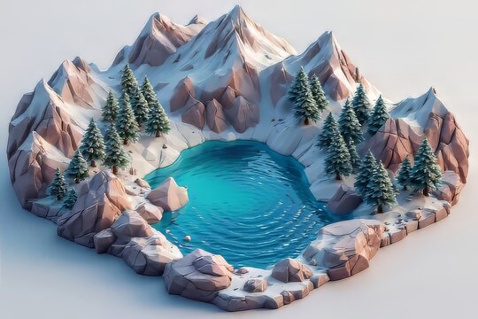 Mountain Lake Snow Covered Peaks and Fir Trees Landscape