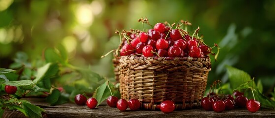 The Basket of Cherries on a Rustic Wooden Table in Bright Summer Light