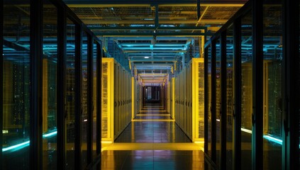 Perspective view down a data center's central corridor, flanked by rows of glowing server racks