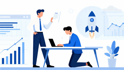 Business team working with data and rocket