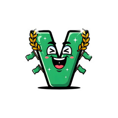 3d icon of green letter v character with a happy face, laurel wreath, and flags, isolated on transparent background