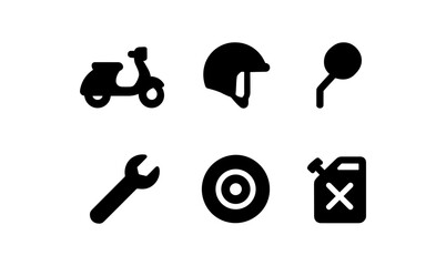 Motorcycle icons: helmet, tools, and fuel essentials in silhouette
