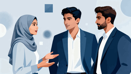 Three people in business attire conversing