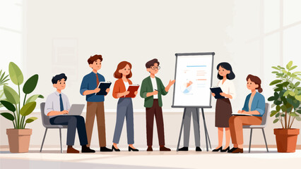 Business team in meeting with presentation board