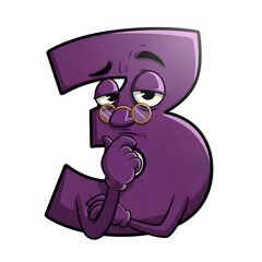 3d icon of a cartoon character number 3 wearing glasses and looking thoughtful, isolated on transparent background