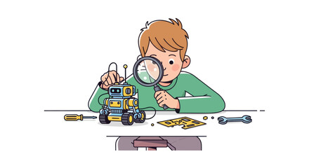 Curious cartoon boy in a green shirt inspects a colorful toy robot with a magnifying glass. © il