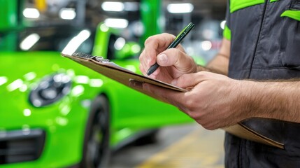 A mechanic's hand holds a pen, jotting down notes on a clipboard while a car accident scene looms nearby. The focus is on the diligent action, emphasizing precision in a busy automotive shop.