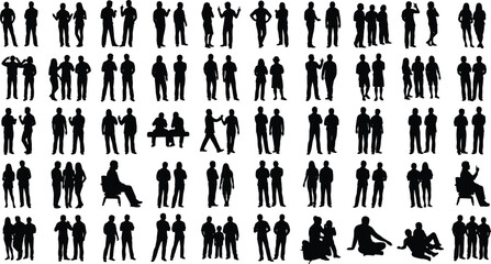 People silhouettes collection, group of men and women, teamwork concept, office colleagues, business meeting, communication, cooperation, friendship, crowd, vector illustration