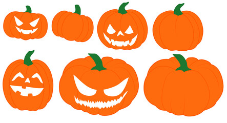 Pumpkins with different evil faces on Halloween night, vector illustration PNG