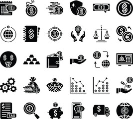 Money icons set for financial and business use. Solid set of icons style. Perfect for websites, digital product, UI, presentations, and marketing materials to represent finance and money.