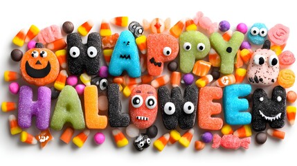 Cute party-style monster mash Halloween text with pumpkins and sweets isolated on white background
