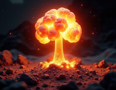 Abstract Glowing Mushroom Cloud Explosion on Barren Landscape - Powered by Adobe