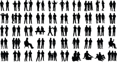 People silhouettes collection, group of men and women, teamwork, communication, business meeting, friendship, cooperation, office colleagues, social interaction, vector illustration