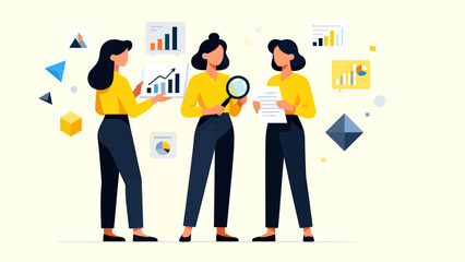 Three women analyzing data with charts and tools