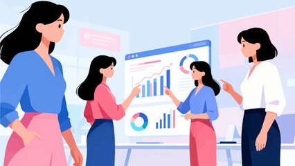 Women discussing data charts in office