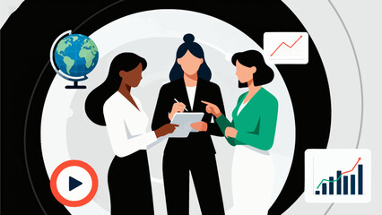 Three women in business meeting with data charts