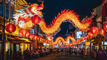 Festive chinese new year celebration with illuminated dragon decoration and red lanterns hanging above street, creating a vibrant and cultural atmosphere