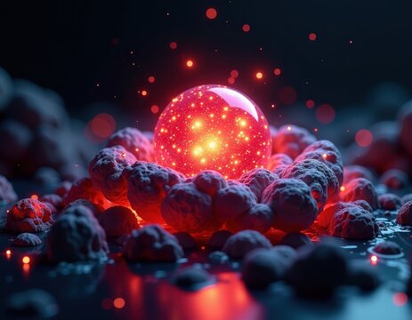 Abstract Glowing Energy Sphere in Microscopic Landscape - Powered by Adobe