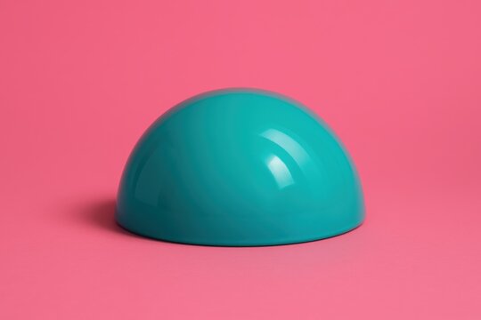 A glossy turquoise half-sphere resting on a vivid pink background, showcasing smooth texture and bold color contrast.