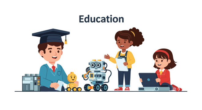 Diverse children engaged in STEM education with robots and laptops.