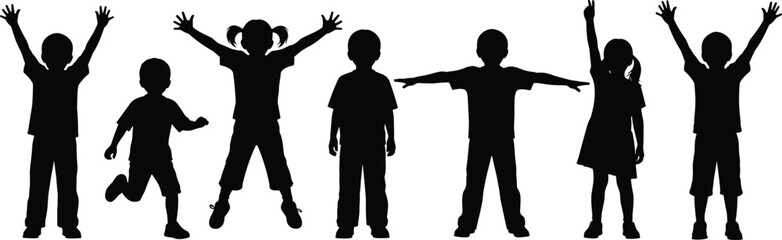 Silhouette of children playing, jumping, running, raising hands, group of happy kids, joyful childhood activity, black figures isolated, fun together