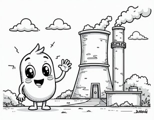 Friendly Cartoon Mascot Waving at Industrial Power Plant Illustration