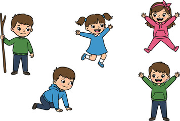 Cartoon children playing, happy kids jumping, crawling, standing, colorful outfits, joyful childhood activities, fun poses, playful expressions, group of children illustration