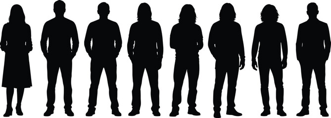 Silhouette group of diverse people standing together, business teamwork concept, human figures in line, isolated black shadows, professional corporate illustration
