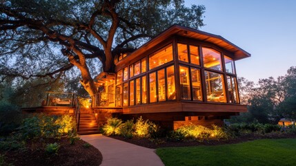 Obraz premium Modern treehouse with glass walls illuminated at dusk, surrounded by lush greenery and a pathway