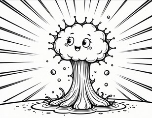Cute Cartoon Mushroom Cloud Explosion Line Art Coloring Page