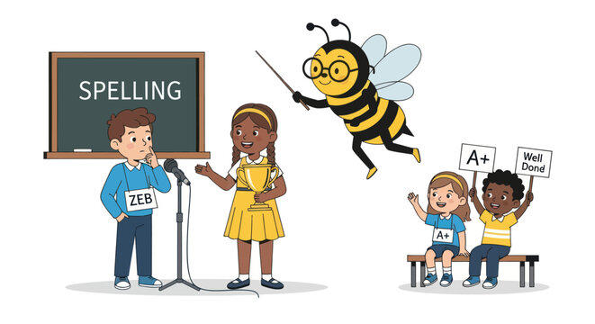 Diverse children participating in a school spelling bee competition with a cartoon bee character.