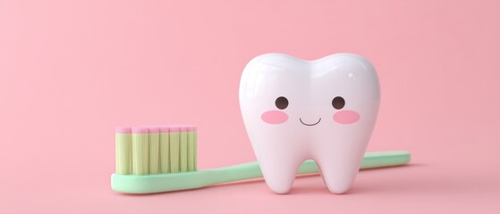 The Playful Smiling Tooth with Green Toothbrush on Soft Pink Studio Background