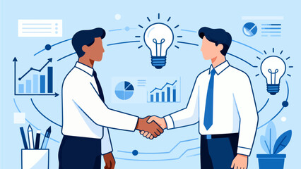 Two men shaking hands with business graphics