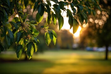 A serene sunset filters through the leaves of an apple tree, casting warm light over a grassy field, creating a peaceful atmosphere in a lush green park setting.