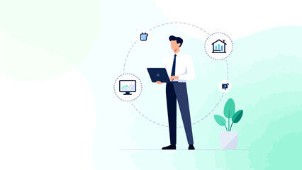 Man holding laptop with icons around him