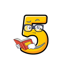 3d icon of a cute cartoon number 5 character wearing glasses and reading a book, isolated on transparent background