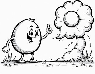 Positive Cartoon Egg Character and Flower Black and White Line Art