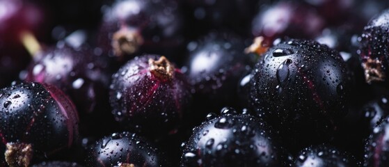 The Black Currants in Dewy Morning Light with Shimmering Water Droplets