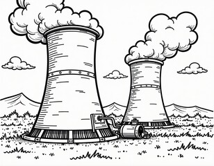 Industrial Power Plant Cooling Towers Line Art Illustration