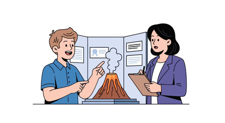Enthusiastic student presenting his erupting volcano model to a judge at a school science fair. © il