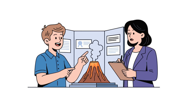 Enthusiastic student presenting his erupting volcano model to a judge at a school science fair.