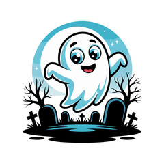 Smiling cartoon ghost floating over graveyard with full moon