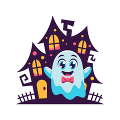Smiling cartoon ghost in front of haunted house on transparent background