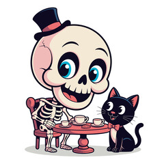 Cute cartoon skeleton and black cat having tea together at table