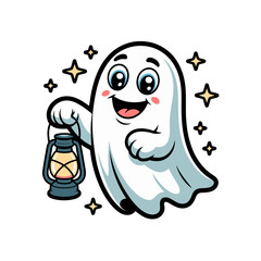 Smiling cartoon ghost holding lantern on transparent background
